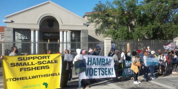 A climate justice picket in 2022 outside the Port Elizabeth High Court against Shell. “Hamba! Voetsek!” mean “get lost”. Joseph Chirume/GroundUp